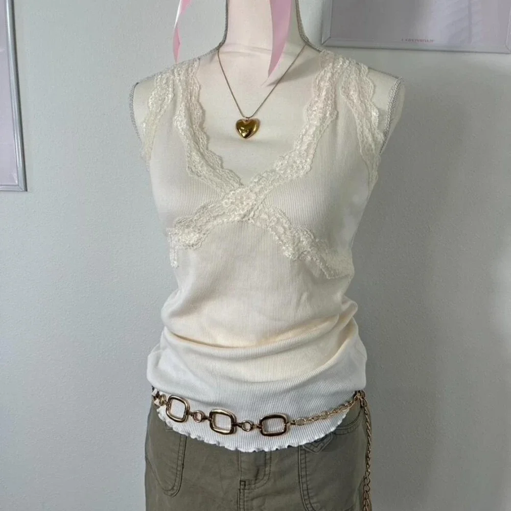 Vintage Y2K Axcess White Babydoll Lace Trim Ribbed‎ Tank Womens Large - Picture 2 of 5